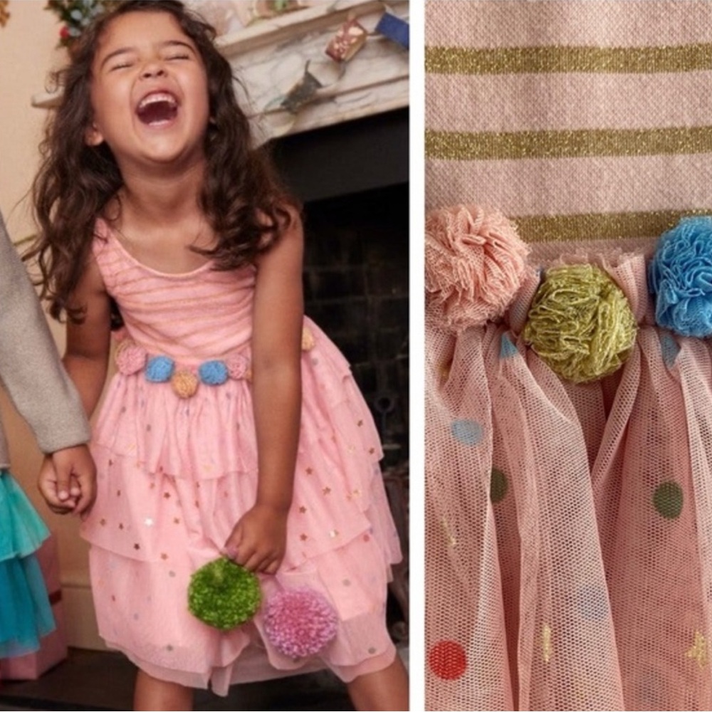 Mini Boden Pink Dress with Colorful Pom Poms